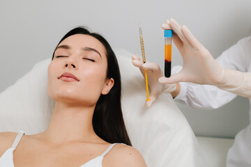 Mesotherapy injection with blood plasma in syringe. Mesotherapy with Blood and Syringe. Mesotherapy...