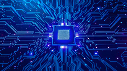 This image depicts an abstract and futuristic circuit board, showcasing the intricate network of a motherboard with a central chipset. The design evokes themes of technology, connectivity, and digital