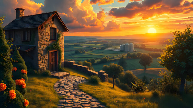 A picturesque view of a stone cottage situated on a hill overlooking a serene rural landscape during a breathtaking sunset. The scene evokes feelings of peace, tranquility, and the simple joys of coun