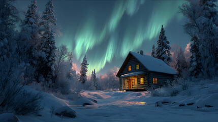 Remote cabin glowing warmly in snowy wilderness under northern lights