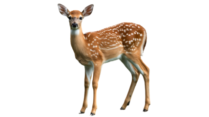 A fawn standing gracefully, isolated on transparent background this charming image captures the innocence and beauty of wildlife, perfect for naturethemed projects