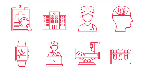Medical and healthcare line icons set contains such icons as hospital, nurse, pill, bed, watch, doctor, clipboard