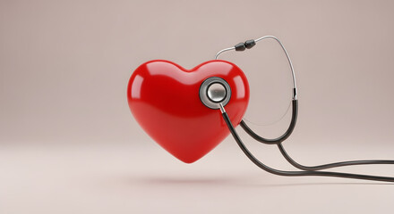 Conceptual image of a red heart shape with a golden stethoscope on a beige background, could illustrate concepts around healthy heart, cardiovascular health and heart disease