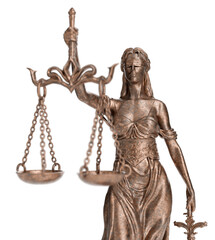 Bronze Lady of Justice Statue Isolated on a Transparent Background. Transparent PNG.