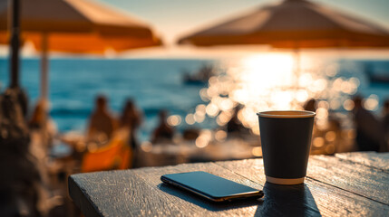 Relaxing seaside cafe scene with a smartphone and coffee cup during sunset