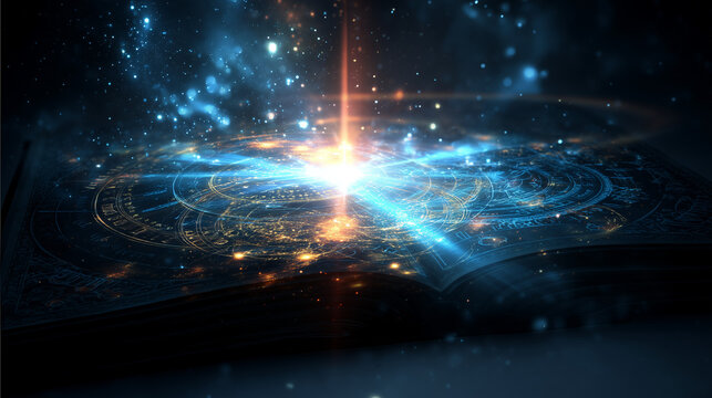 An open old book with a magic circle and cosmic light emanating from its pages, 3D rendering. (ページから魔法陣と宇宙の光が放たれる開かれた古い本、3Dレンダリング。)