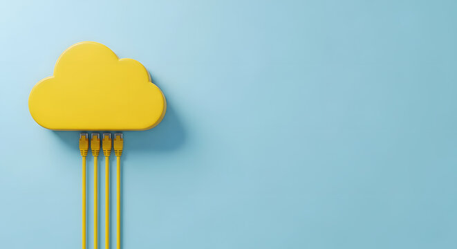 Cloud Computing Concept , Cloud storage and cloud computing concept with golden cloud form and ethernet cables falling from it on abstract light background