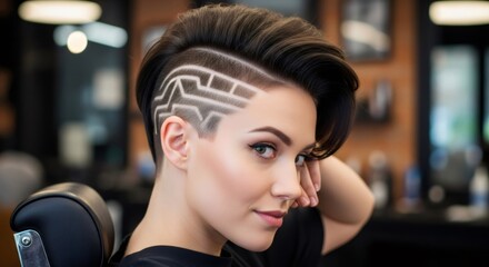 Fototapeta premium Woman with stylish undercut hairstyle. Modern hair art design. Trendy short haircut for fashion, beauty and hair care salon.