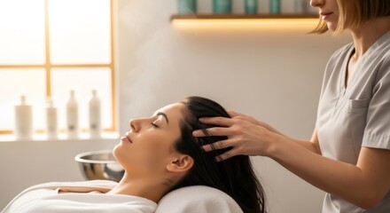 Woman having a scalp massage by a therapist. Hair care treatment with steam effect in a beauty salon. Wellness and relaxation procedure.