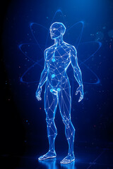 A digital illustration of a human body in a low poly geometric style, overlaid with a diagram of an atom structure. The image is rendered in shades of blue against a dark background