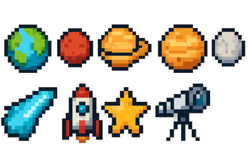 Fototapeta premium Pixel space icon set. pixelated space exploration, astronomy icons collection