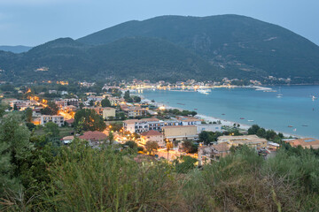 Obraz premium Sunset view of village of Vasiliki at Lefkada, Greece