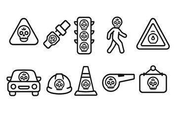 Halloween, road safety outline icon set. spooky traffic signs, signals collection