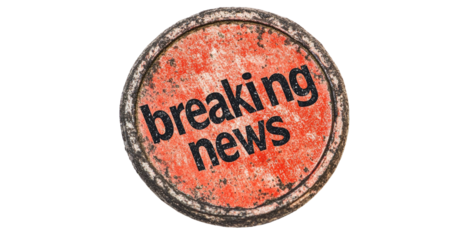 Distressed round sign "breaking news" on textured orange background