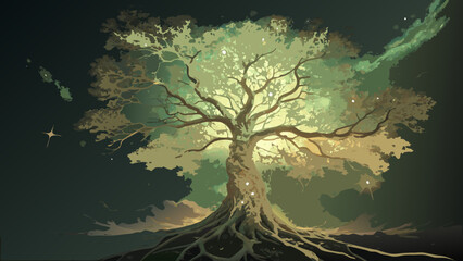 Fototapeta premium Artistic tree of life painting nature landscape illustration fantasy forest magical treescape fine art print design