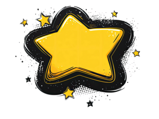 Stylized golden star bursts from a dark, speckled, cloudlike background