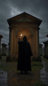 Figure encapuchonn&eacute;e tenant une torche devant un mausol&eacute;e ancien