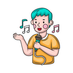 Animated character with teal hair wearing a yellow t-shirt singing into a microphone with musical notes surrounding him on a transparent background