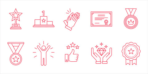 A set of linear icons representing achievement, recognition, and success, highlighting awards and positive feedback