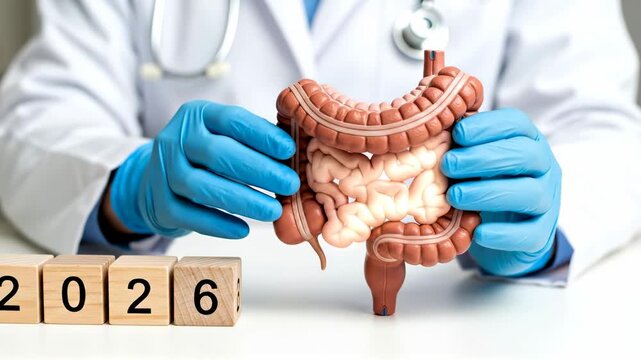 3D interactive model of the intestine, rectum and colon in doctor's hands, and wooden cubes with numbers 2026 &mdash; New Year plans, resolutions, goals, ambitions in medicine 2026