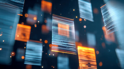 Futuristic digital data visualization with glowing blue and orange abstract information panels floating in a dark cyberspace environment showcasing advanced technolo
