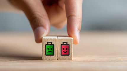 Hand adjusting wooden blocks with battery icons showing sad low energy and happy full charge symbols on a neutral background concept of energy levels and mood