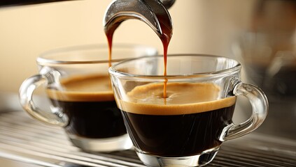 Close-up of espresso brewing, pouring into two clear glass cups, crema visible