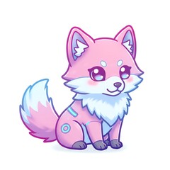Obraz premium A pink cartoon fox with large purple eyes and blue accents