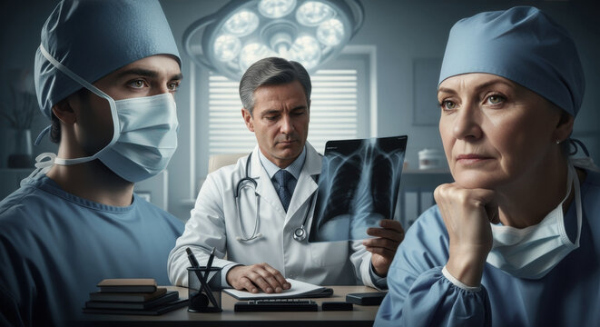 Serious medical team in consultation with a chest X-ray, a moment of complex diagnosis and reflection on the patient's health
