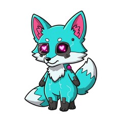 A teal robotic fox with pink hearts in its eyes