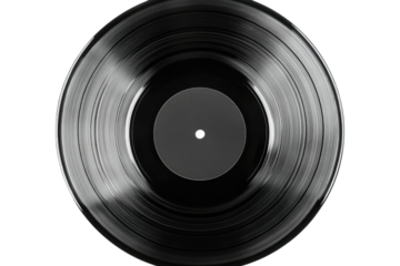 Shiny black vinyl record with center label on black background, close-up view
