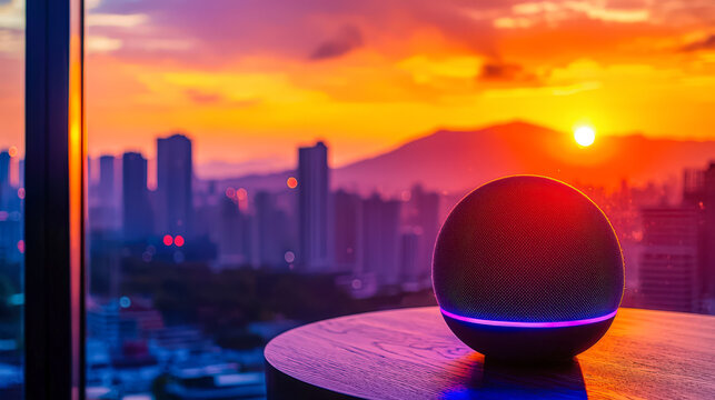 Smart speaker illuminated by sunset in a modern city skyline setting