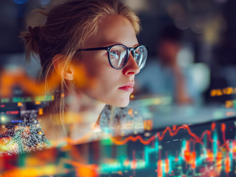 Female analyst studying financial data and stock market graphs on digital screens