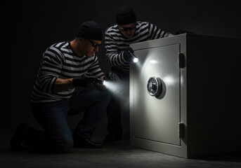 Two thieves in striped sweaters examining a lit safe, symbolizing crime, robbery, risk, security, and the act of cracking a vault