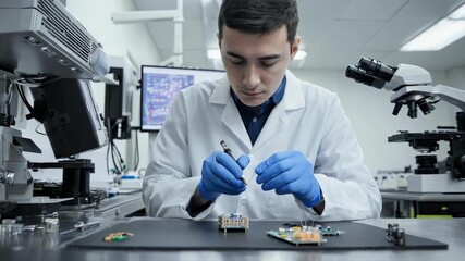 Focused male engineer in a white lab coat meticulously assembling a complex electronic circuit board with precision tools in a modern, brightly lit research and development laboratory - Powered by Adobe