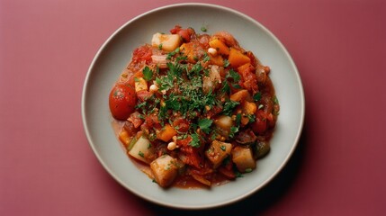 Fototapeta premium Ratatouille Dish Sits on a Plate With Tomatoes and Parsley Sprinkled On Top, Ready To Eat