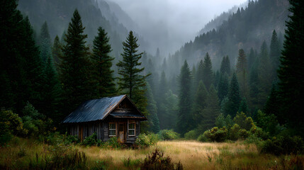 Small cabin in foggy valley surrounded by dense pine trees and silence 