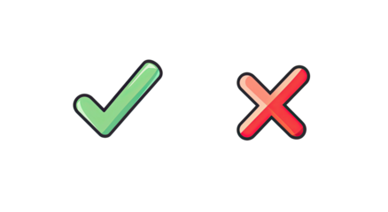 Checkmark and cross, green tick, red X. Icons set on black background
