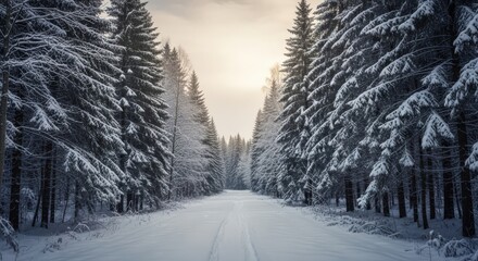 Winter Forest Landscape Snow Covered Trees Path Through Woods Tranquil Scenic View Snowy Nature Walk Coniferous Trees Snowflakes Weather Cold Outdoors Destination Christmas Holiday Atmosphere