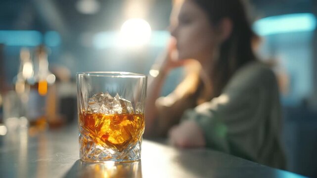 A close-up of a glass of whiskey with ice on a bar counter. In the background, a young Caucasian woman with wavy brown hair appears distressed, resting her head on her hand.