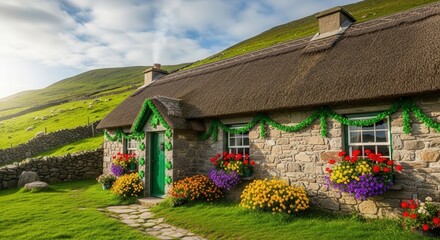 Traditional Irish Cottage Thatched Roof Stone Walls Flower Boxes Greenery Rural Scene Scenic Landscape Countryside Architecture Ireland Culture Travel Tourism