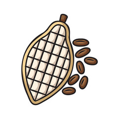 Cacao Pod Halved Revealing White Pulp And Scattered Brown Cocoa Beans Isolated On Transparent Background Simple Illustration