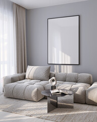 Naklejka na ściany i meble Modern Living Room Poster Frame Mockup with Natural Light and Minimalist Decoration. 3D render. Naklejka na ściany i meble Modern Living Room Poster Frame Mockup with Natural Light and Minimalist Decoration. 3D render.