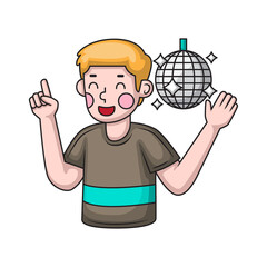 Cartoon Blond Haired Man Dancing Next to a Sparkly Disco Ball with a Transparent Background