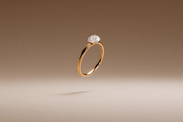 luxury jewelry photography, an elegant gold ring with a diamond falling, shot with cinematic lighting and high detail for a luxurious jewelry style