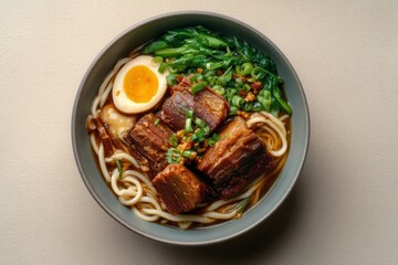 Fototapeta premium Hearty Bowl of Japanese Ramen Noodles With Braised Pork Belly, Egg, and Greens