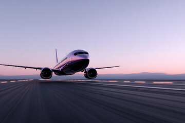 aircraft illustration, a vivid depiction of a swift purple plane soaring through a sunny sky, displaying gleaming metallic reflections