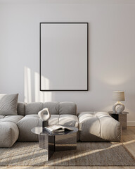 Modern Living Room Poster Frame Mockup with Natural Light and Minimalist Decoration. 3D render.