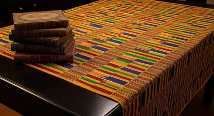 Kente Cloth Tablecloth with Stack of Books: Brightly Patterned African Textile on a Dark Wooden Table, Showcasing Cultural Heritage and Design