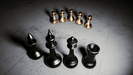 Golden chess pawns against dark metal chess pieces
